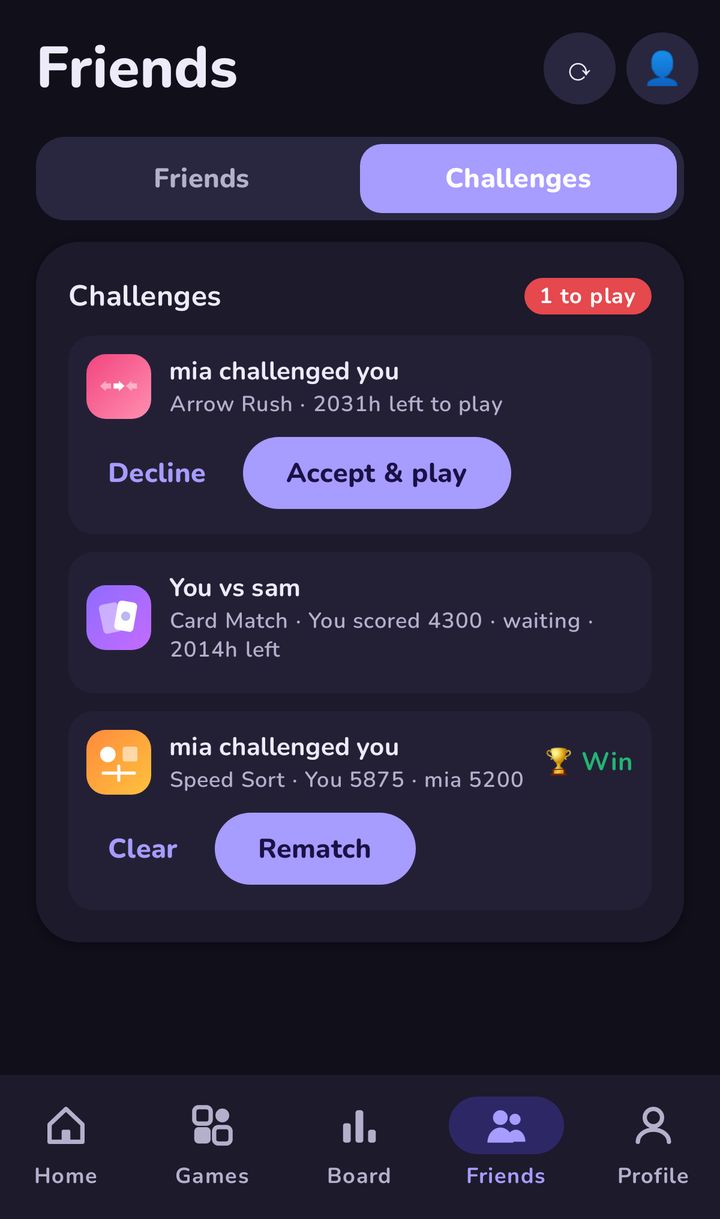 Challenges tab in dark mode: a challenge waiting to be accepted, one sent to a friend, and a finished Speed Sort challenge marked as a win