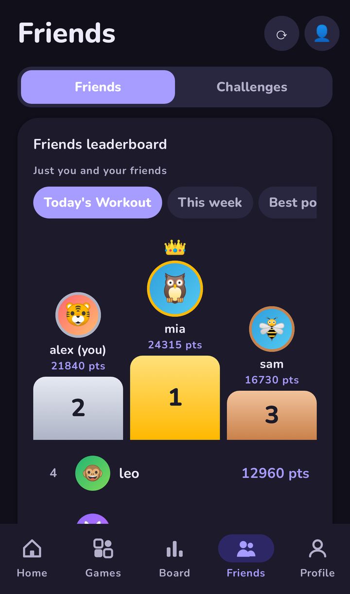 Friends leaderboard in dark mode: three friends on a 1st, 2nd and 3rd place podium for today’s workout, with a crown on the winner