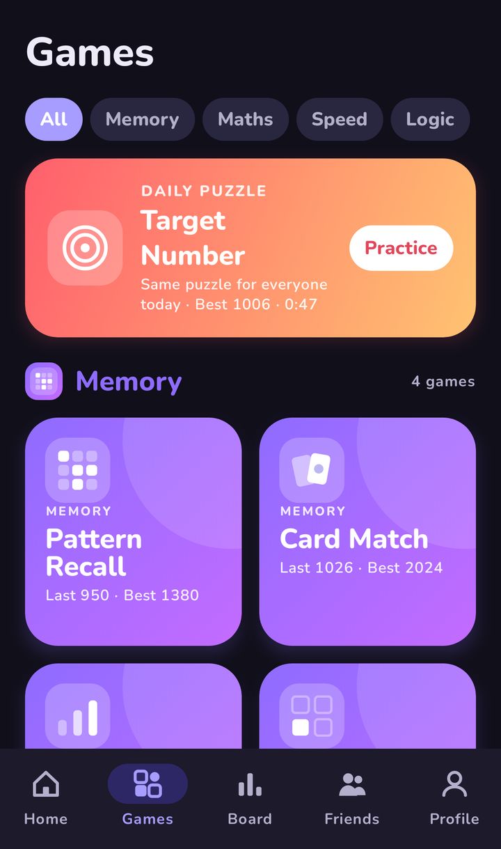 Brain Snap Games tab in dark mode: the Target Number daily puzzle card above Memory games such as Pattern Recall and Card Match