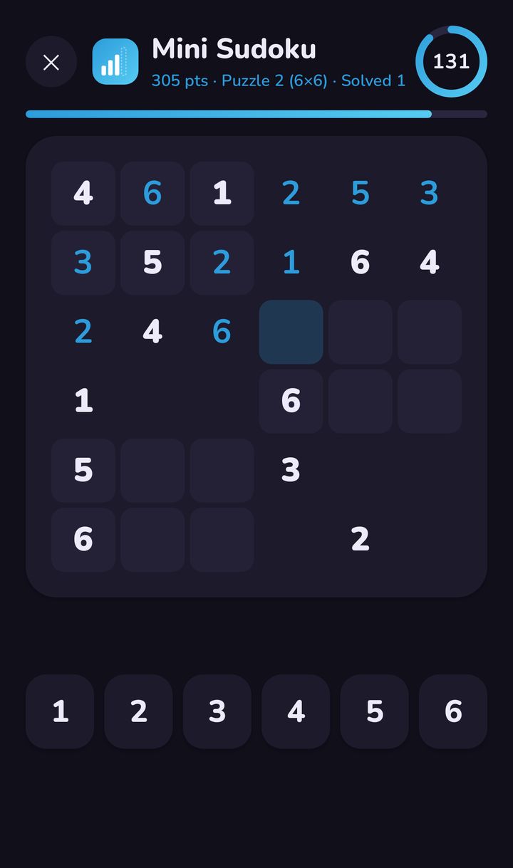 Mini Sudoku being played in dark mode: a 6 by 6 grid partly filled in, with number buttons 1 to 6 and a countdown timer