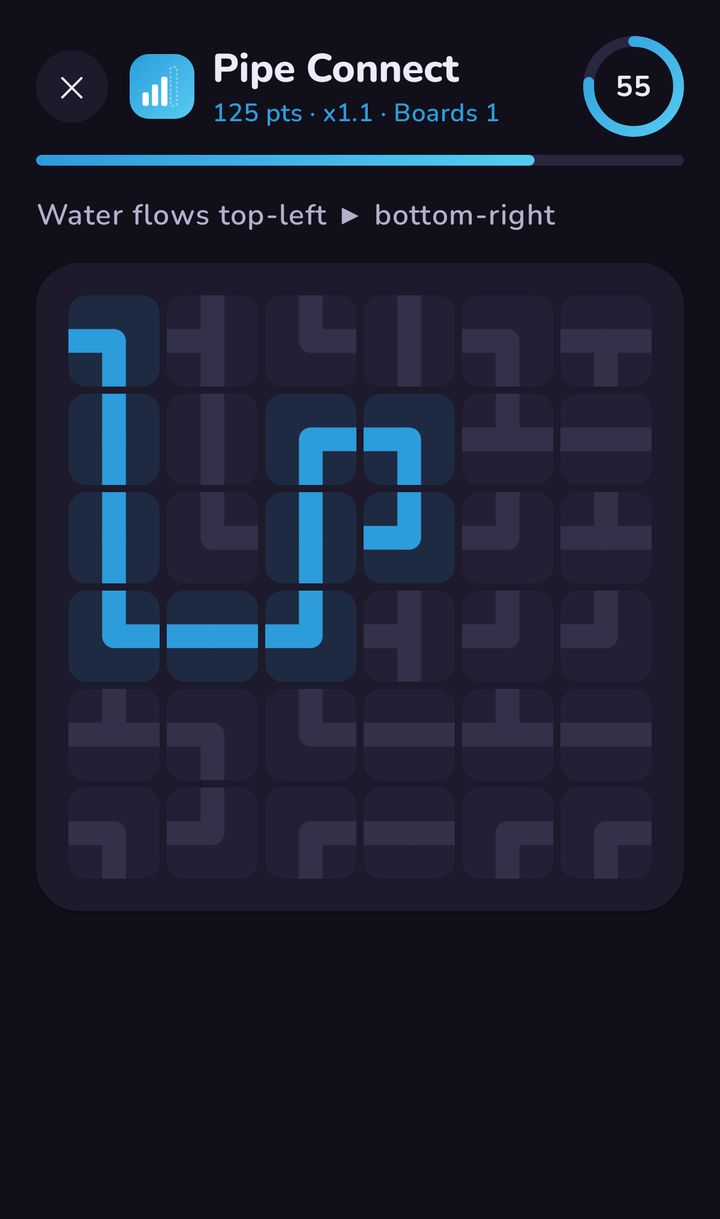 Pipe Connect being played in dark mode: pipe tiles on a grid, some joined in blue to carry water from the top-left to the bottom-right