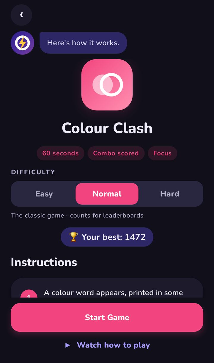 Colour Clash start screen in dark mode with Easy, Normal and Hard level buttons, the player’s best score and the instructions