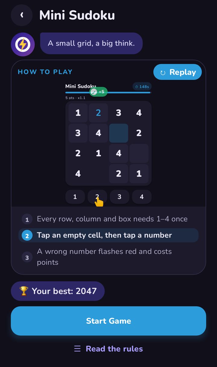 Mini Sudoku start screen in dark mode with an animated how-to-play preview, three short rules and a Start Game button