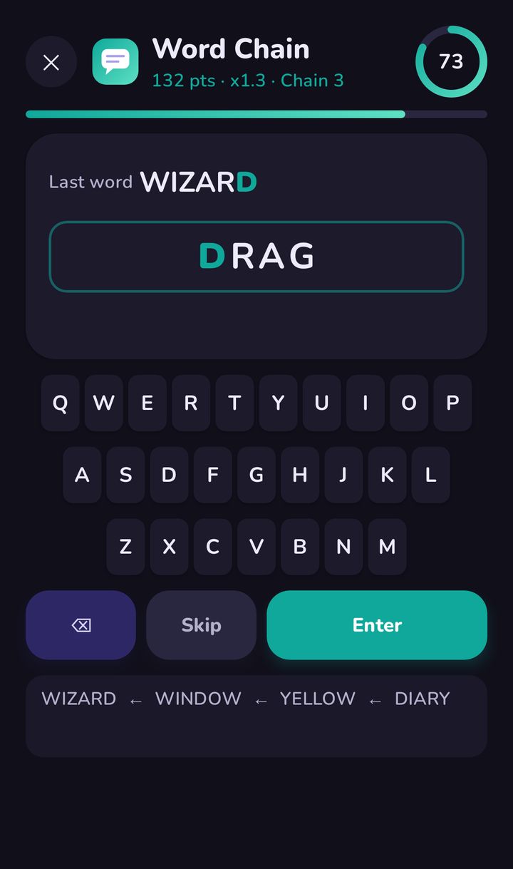 Word Chain being played in dark mode: the last word was WIZARD and the player is typing DRAG on an on-screen keyboard