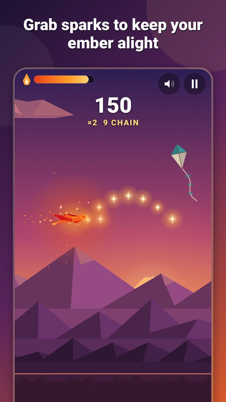 Glide gameplay: the kite flies through an arc of sparks with a paper kite nearby and the ember meter at the top