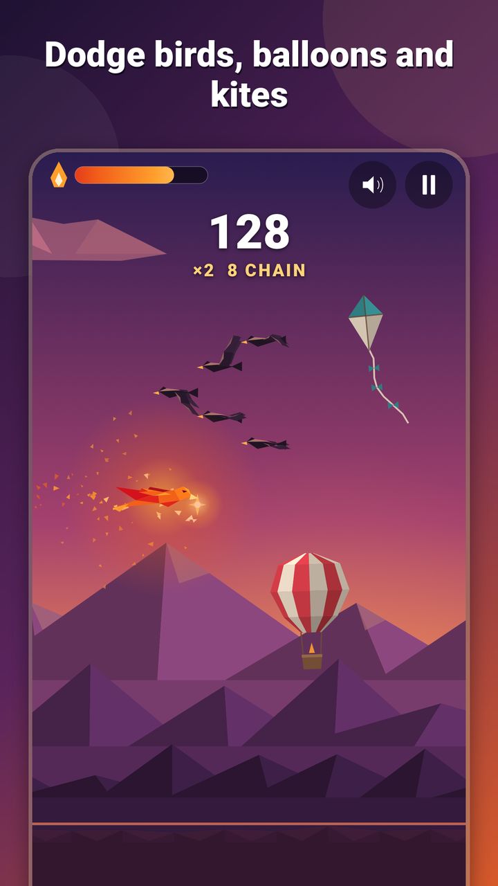 Glide gameplay: a flock of birds, a paper kite and a striped hot-air balloon around the gliding ember kite