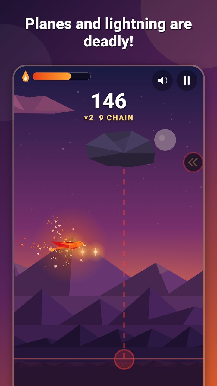 Glide gameplay: a storm cloud with a red lightning warning line below it and a red arrow at the edge warning of a plane