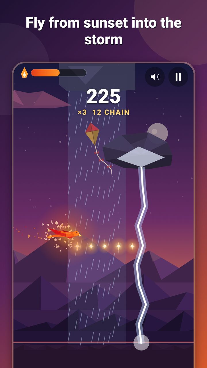 Glide gameplay in the stormy night sky: rain, a lightning bolt striking down and the kite collecting sparks