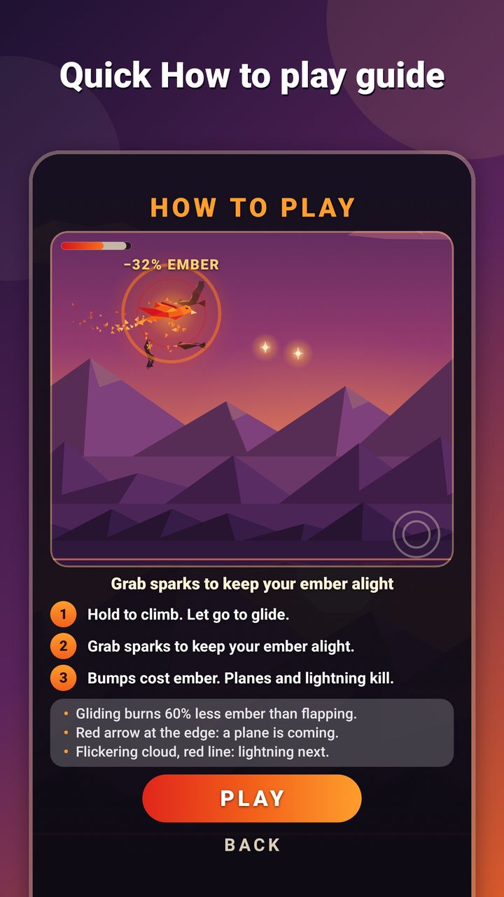 Glide How to Play screen: an animated demo above three steps, hold to climb, grab sparks, and avoid bumps, planes and lightning
