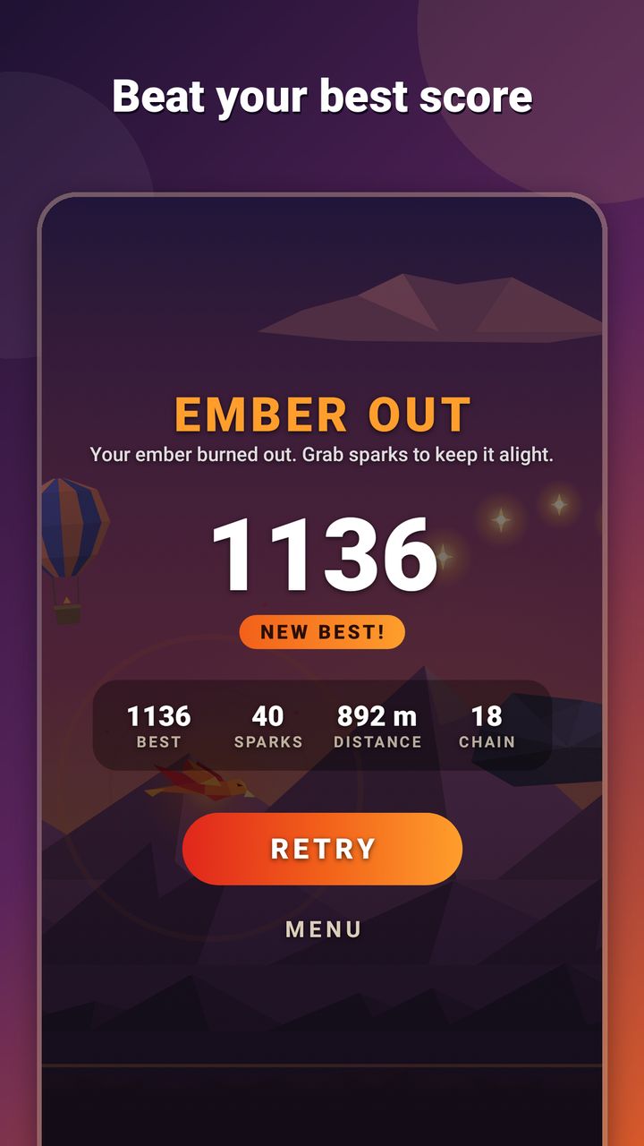 Glide Ember Out screen: a new best score of 1136 with sparks, distance and chain stats and a Retry button