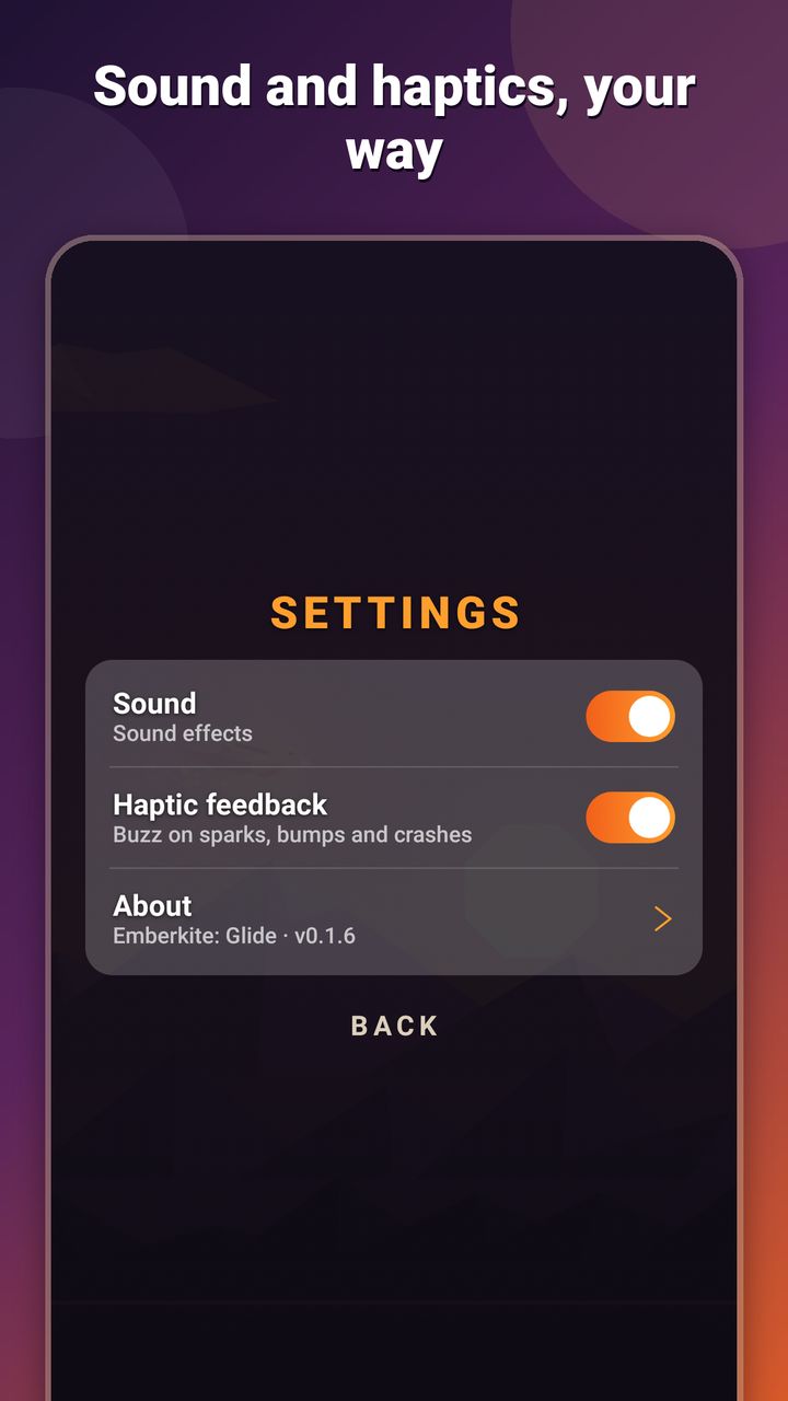 Glide Settings screen with switches for sound effects and haptic feedback, and an About link