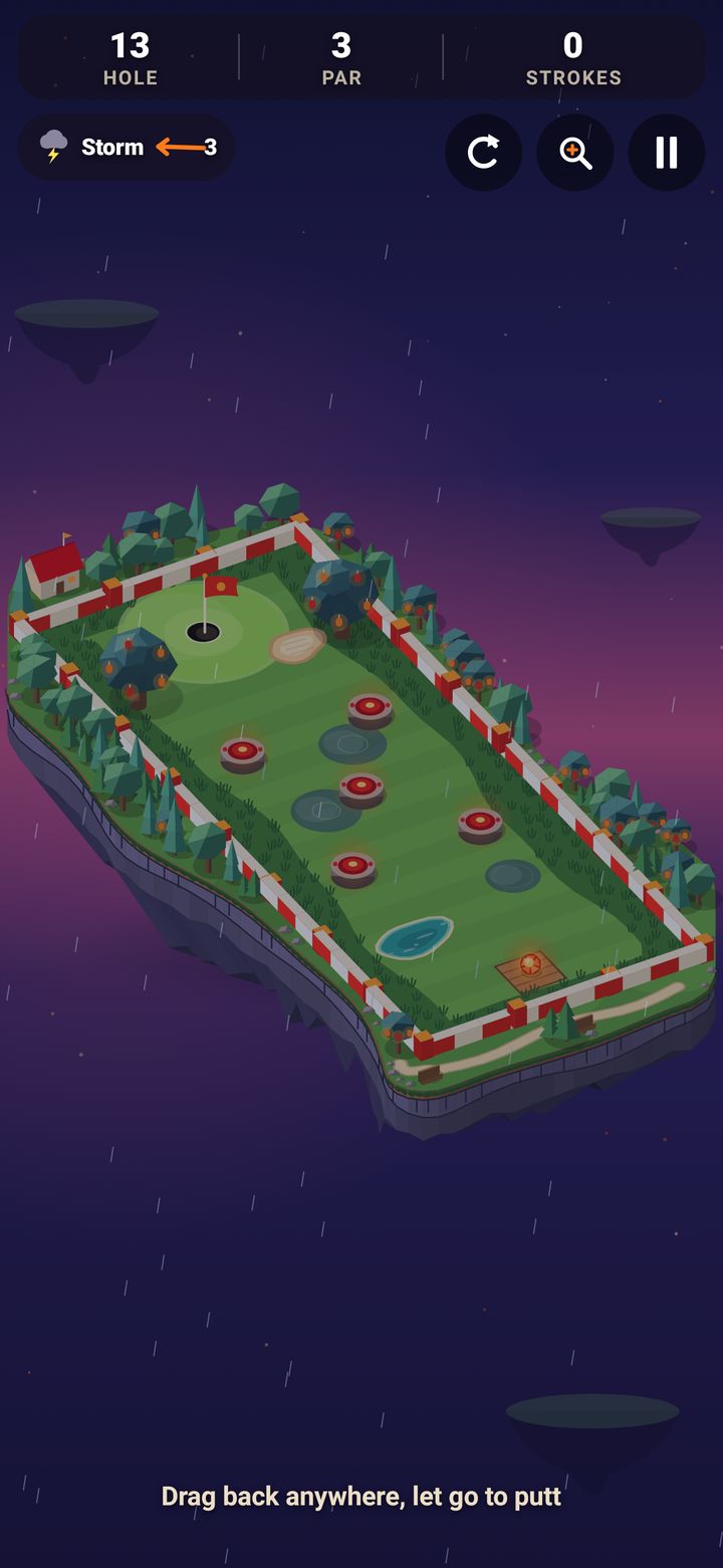 Mini Golf Bumper Alley in stormy weather: rows of red pinball bumpers on a Sky Funfair island with striped walls and a wind arrow at the top