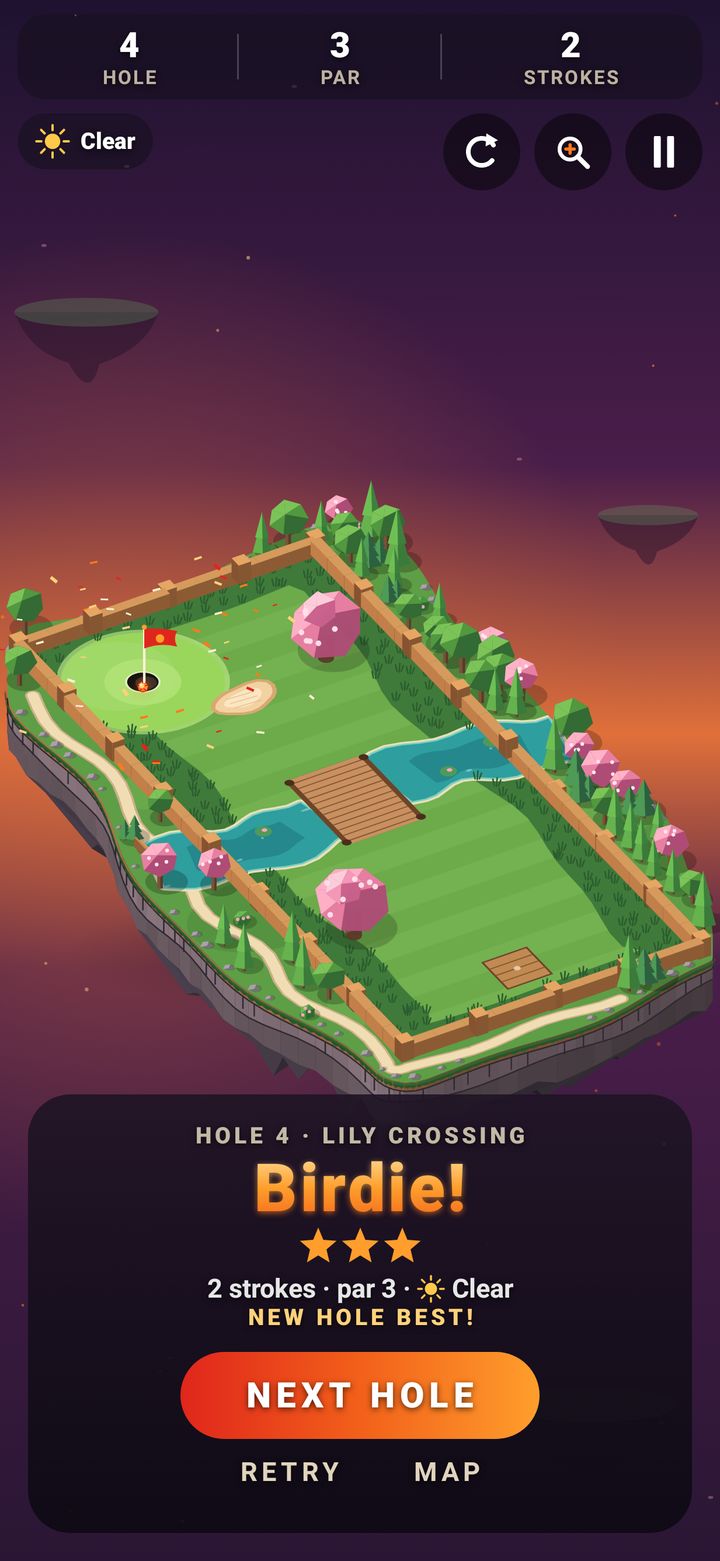 Mini Golf hole summary over Lily Crossing: Birdie with three stars, 2 strokes on a par 3 and a new hole best, with a Next Hole button