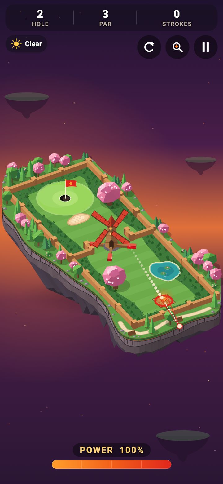 Mini Golf Windmill Walk in Sunset Garden: a floating low-poly island with blossom trees, a spinning windmill and a pond, the dotted aim line pointing at the green and the power bar at 100%