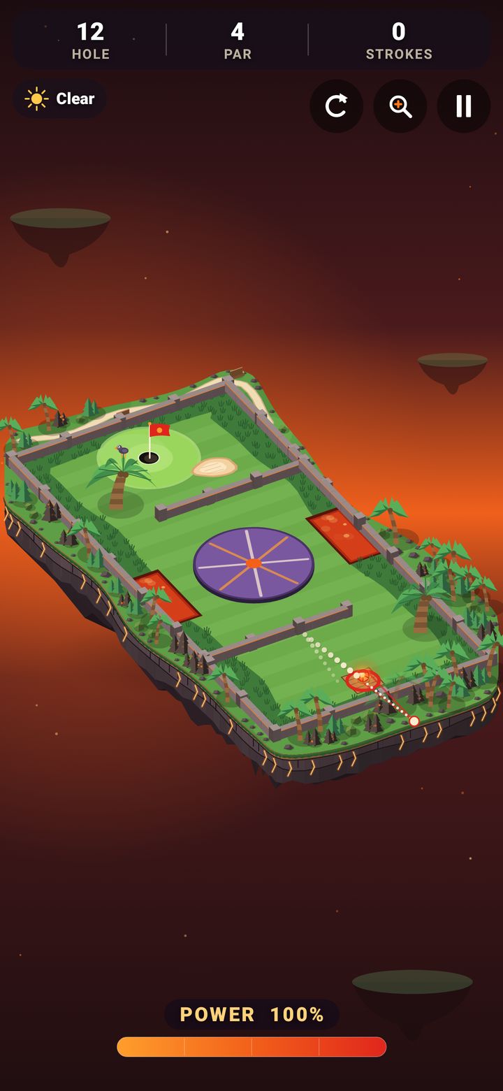 Mini Golf Spin Isle: a big purple turntable in the middle of an island with palm trees, and the aim line lined up past it