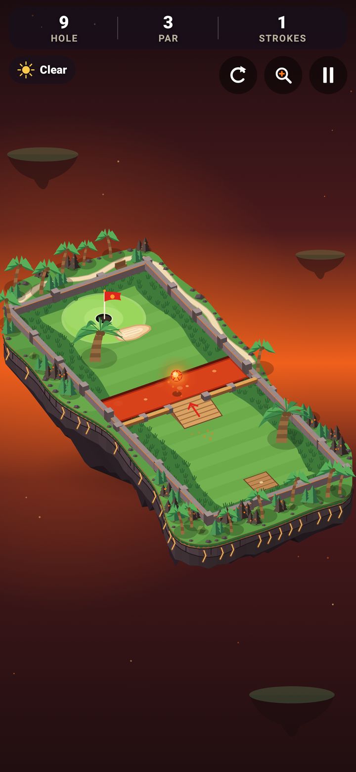 Mini Golf Lava Leap on Volcano Island: the ball flies off a jump ramp over a strip of glowing lava toward the green