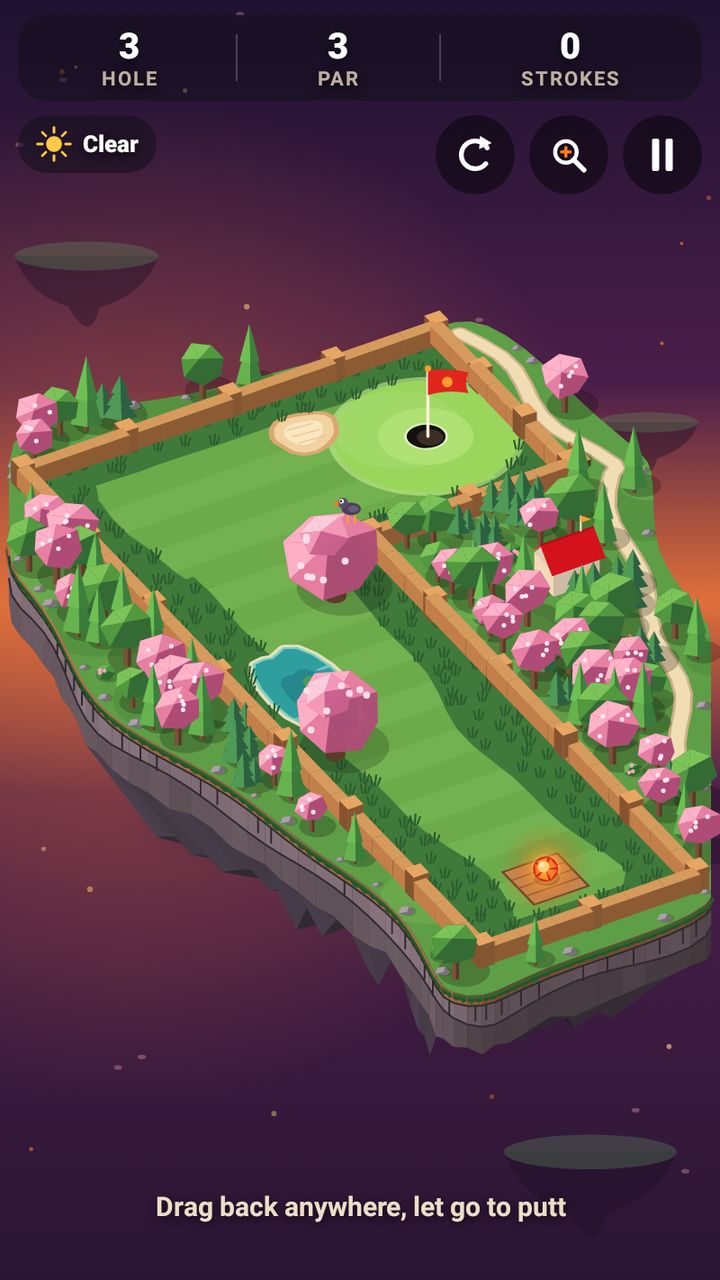Emberkite: Mini Golf: a floating garden island hole in isometric view, ready to putt