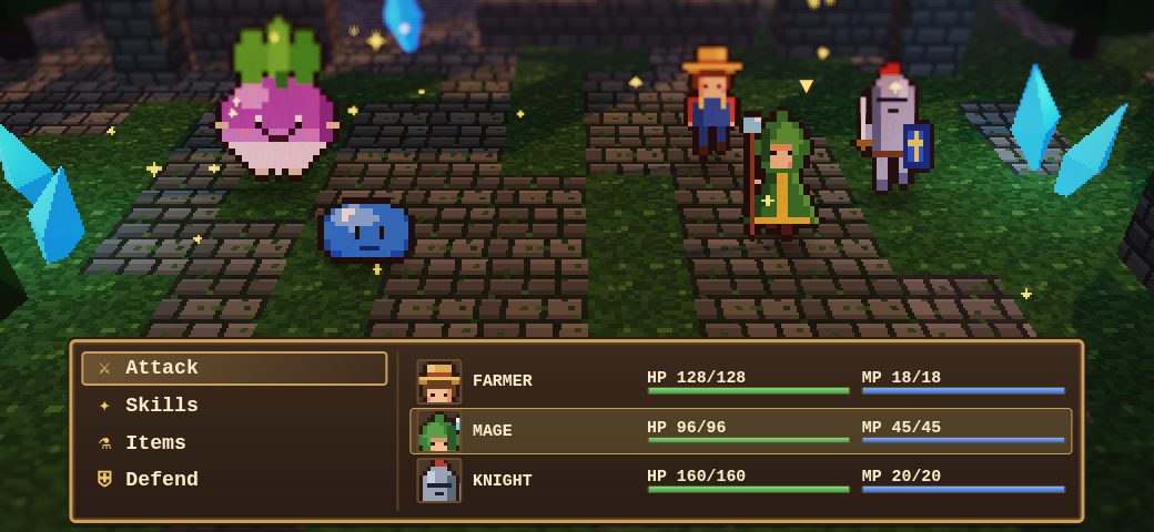 Project Haven early demo: the battle menu with Attack, Skills, Items and Defend, and the farmer, mage and knight lined up against a turnip creature and a blue slime in a crystal-lit forest