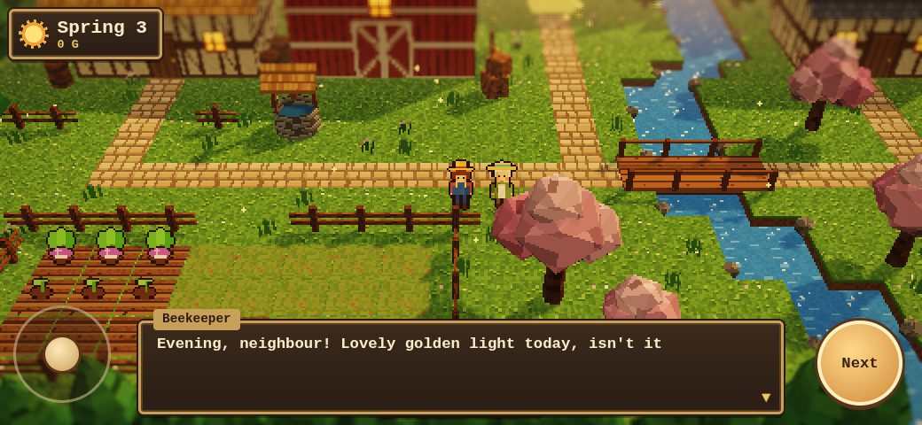 Project Haven early demo: the beekeeper greets the farmer outside the farmhouse in a dialogue box: Evening, neighbour! Lovely golden light today