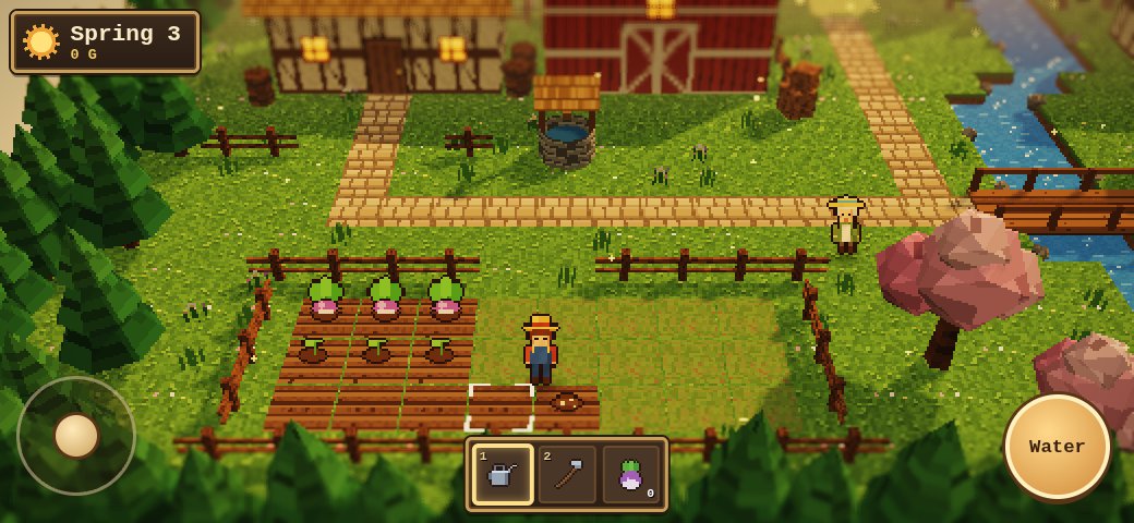 Project Haven early demo: green crops sprouting in the tilled farm plots on a new spring day, with a red barn, a stream and blossoming pink trees