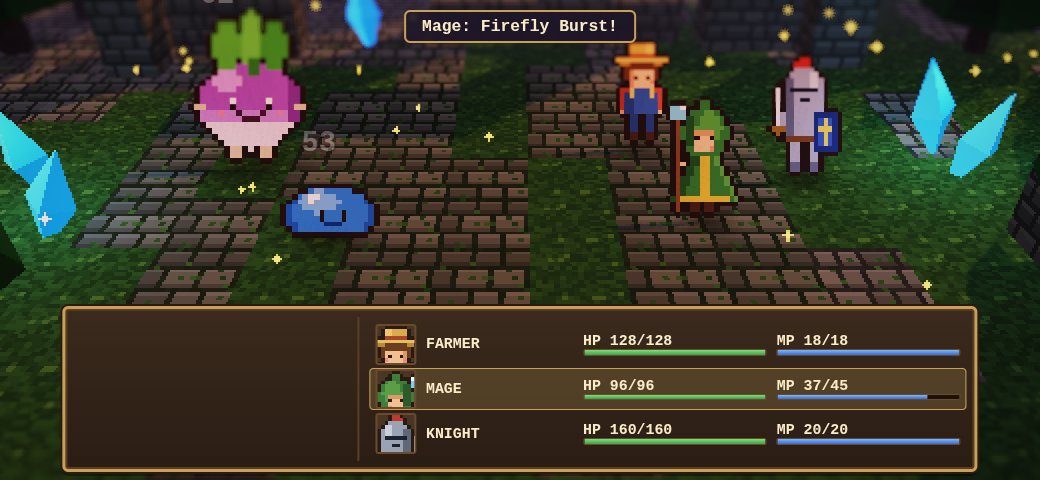 Project Haven early demo: the mage casts the Firefly Burst skill at a turnip creature and a slime, with the party’s health bars below