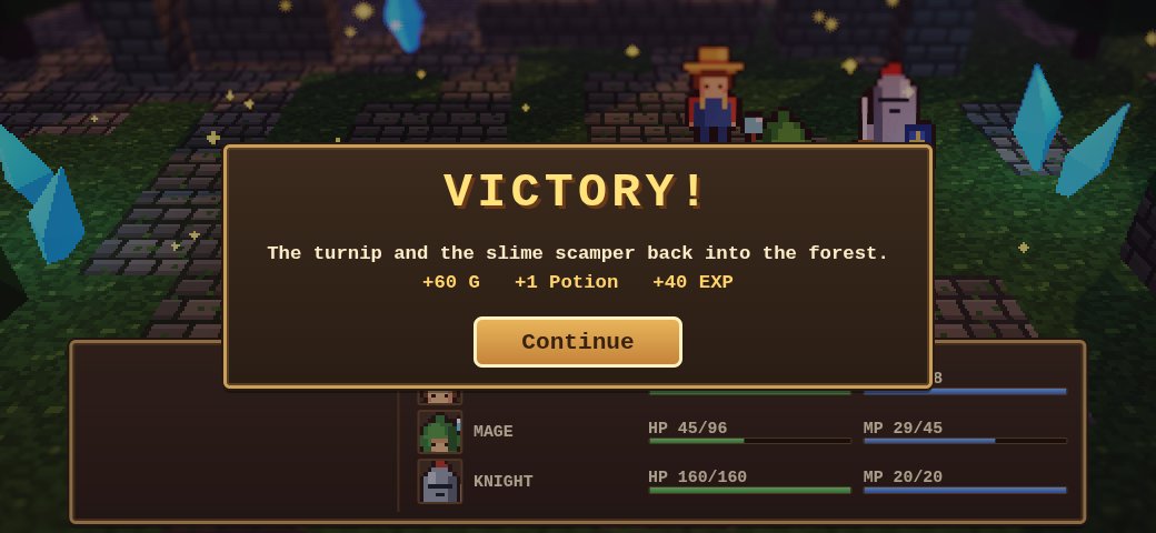 Project Haven early demo: the Victory screen as the turnip and the slime scamper back into the forest, with gold, a potion and experience earned