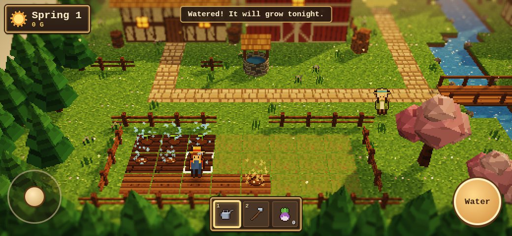 Project Haven early demo: the pixel-art farmer waters freshly planted crop rows beside the farmhouse, with a message that the crops will grow tonight