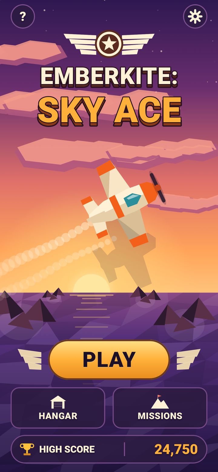 Sky Ace title screen: the game logo above a toy plane looping through a sunset sky, with Play, Hangar, Missions and the high score