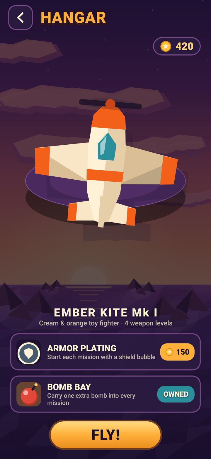 Sky Ace Hangar: the Ember Kite Mk I toy fighter on a stand, with Armor Plating for 150 coins and an owned Bomb Bay upgrade