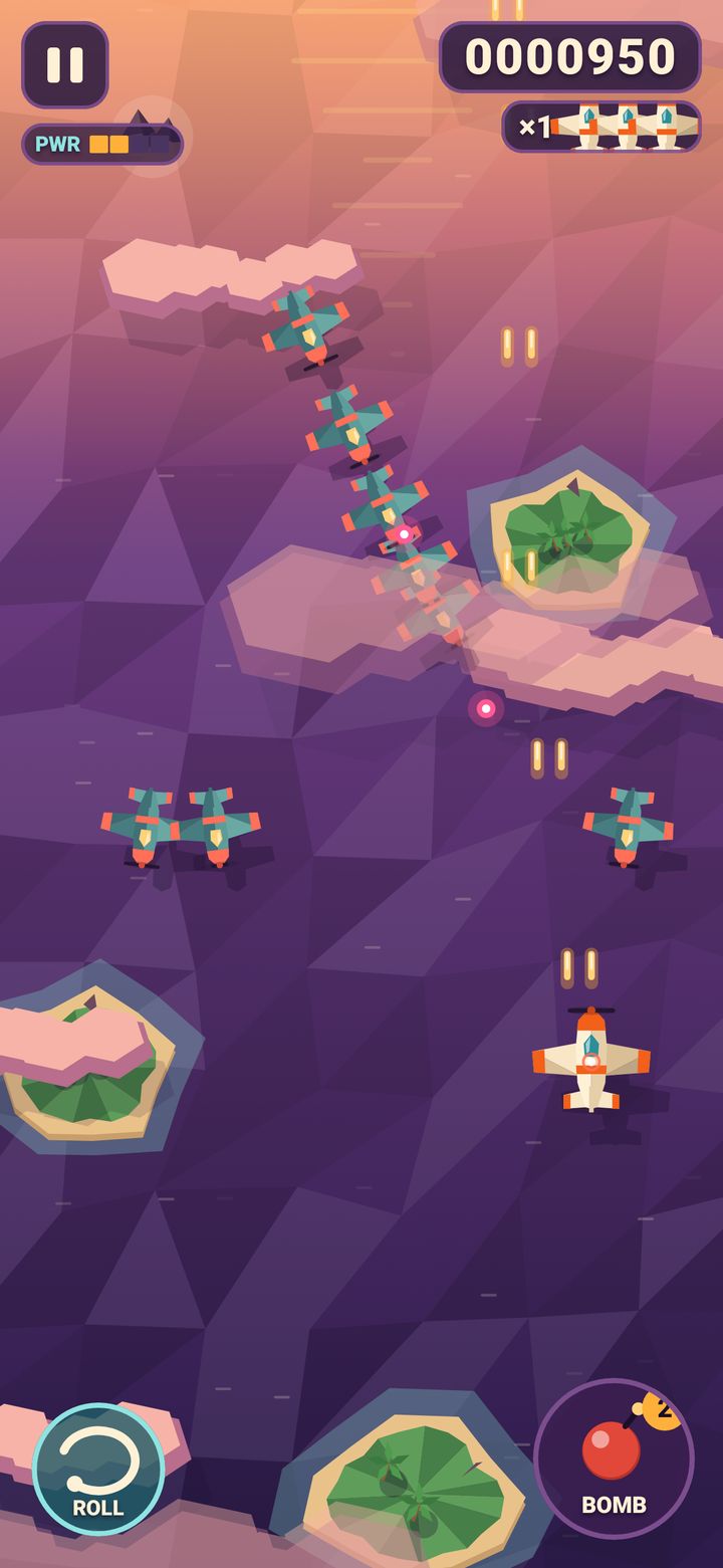 Sky Ace gameplay: the cream and orange toy fighter fires twin shots up at a snaking formation of teal enemy planes over low-poly islands in a purple sunset sea