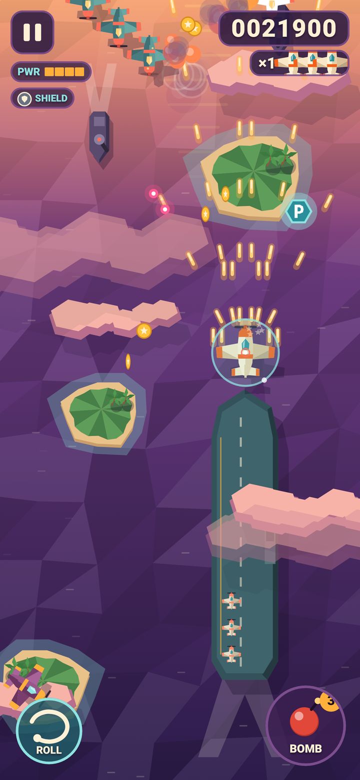 Sky Ace gameplay: the player plane in a shield bubble fires a wide spread of shots, with a P power-up and coins ahead and an aircraft carrier below