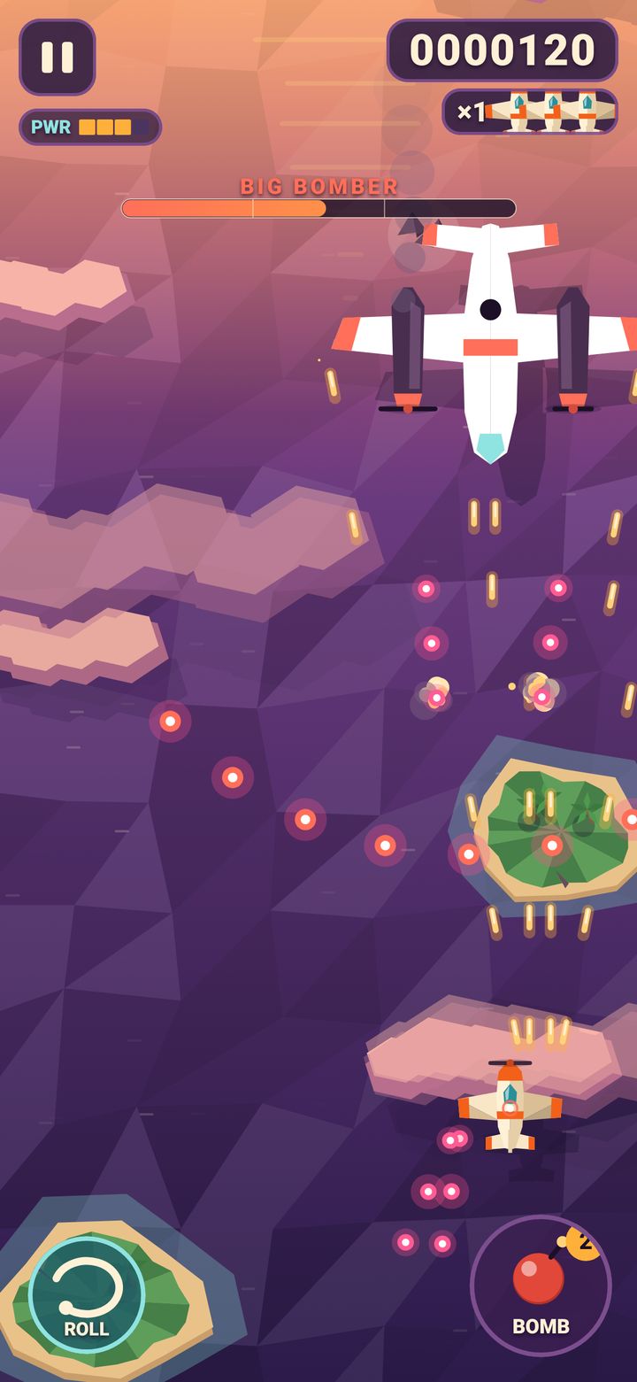 Sky Ace boss fight: the white four-engine Big Bomber at the top with its health bar, firing rings of pink bullets at the player