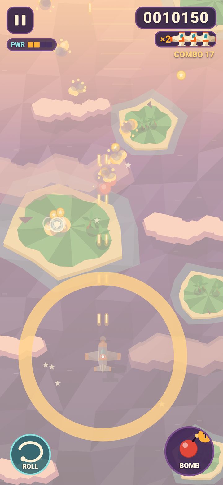Sky Ace gameplay: a bomb blast ring spreads out from the player plane, wiping out enemy planes and bullets in small explosions
