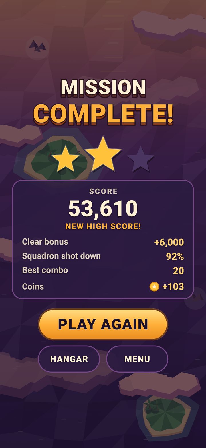Sky Ace Mission Complete screen: the stars earned, the score with a New High Score banner, then the clear bonus, share of the squadron shot down, best combo and coins earned, with Play Again, Hangar and Menu buttons