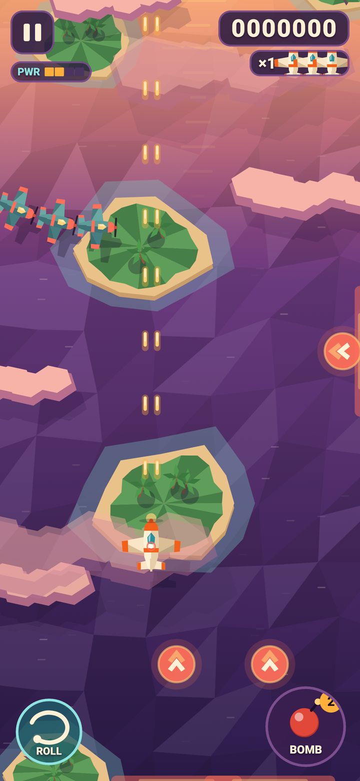 Sky Ace gameplay: enemy planes sweep in from the side while red warning arrows at the screen edges show more coming from the right and from behind