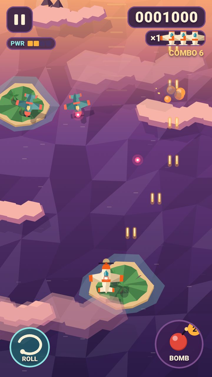 Emberkite: Sky Ace gameplay: the toy fighter firing up at enemy planes over low-poly islands